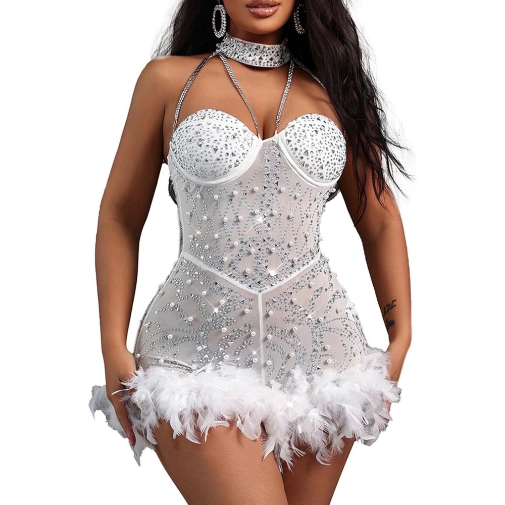 Sexy White Feather Rhinestone Mesh Burlesque Outfit‎ Clubwear Party Dress XL